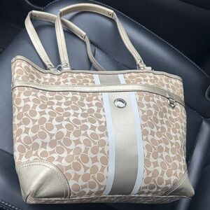 Coach gold shoulder Stylish Tan and Cream Tote Bag